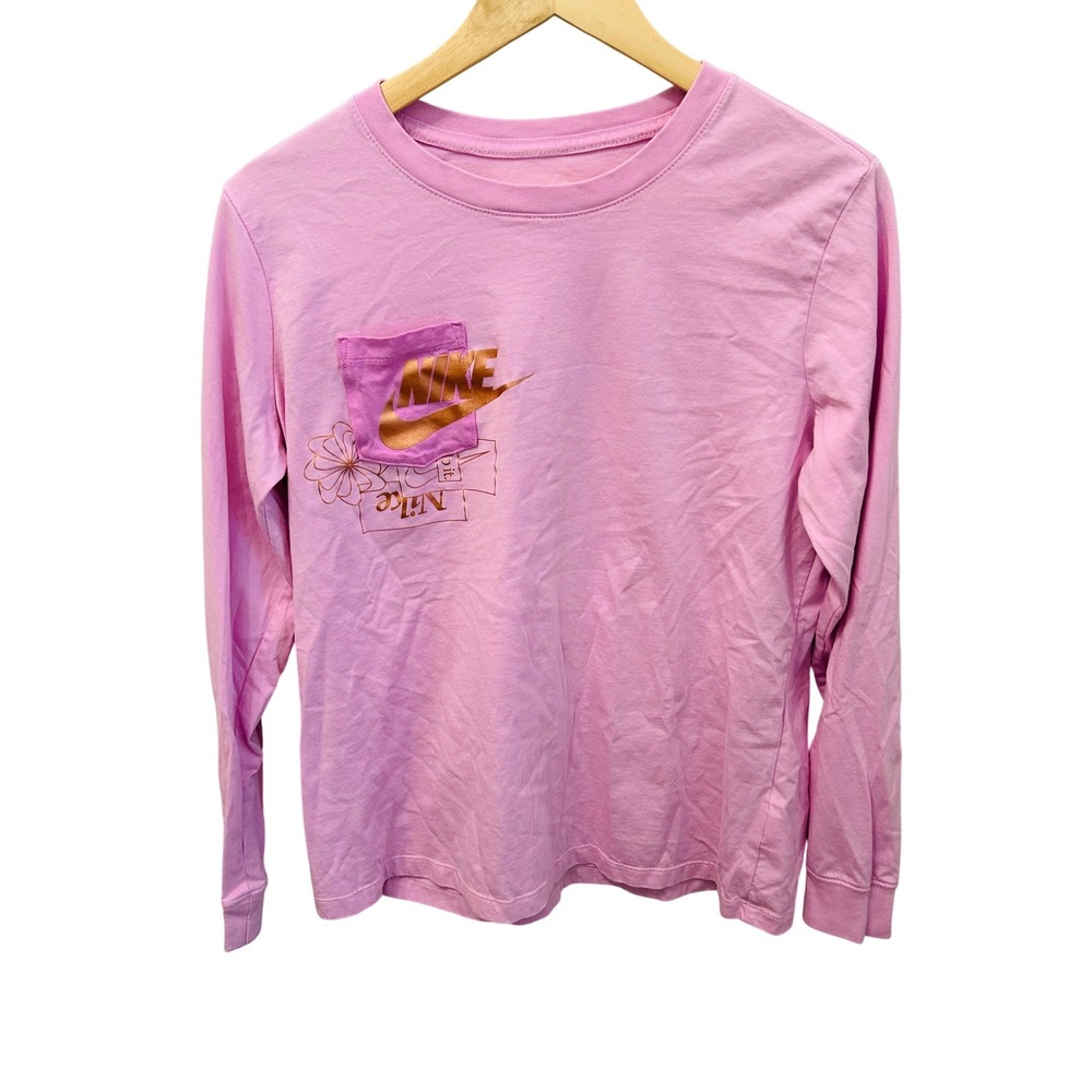 Nike NSW Icon Clash PKT L/S Top Pink Rose Gold Foil Graphic Womens L DM4847-676